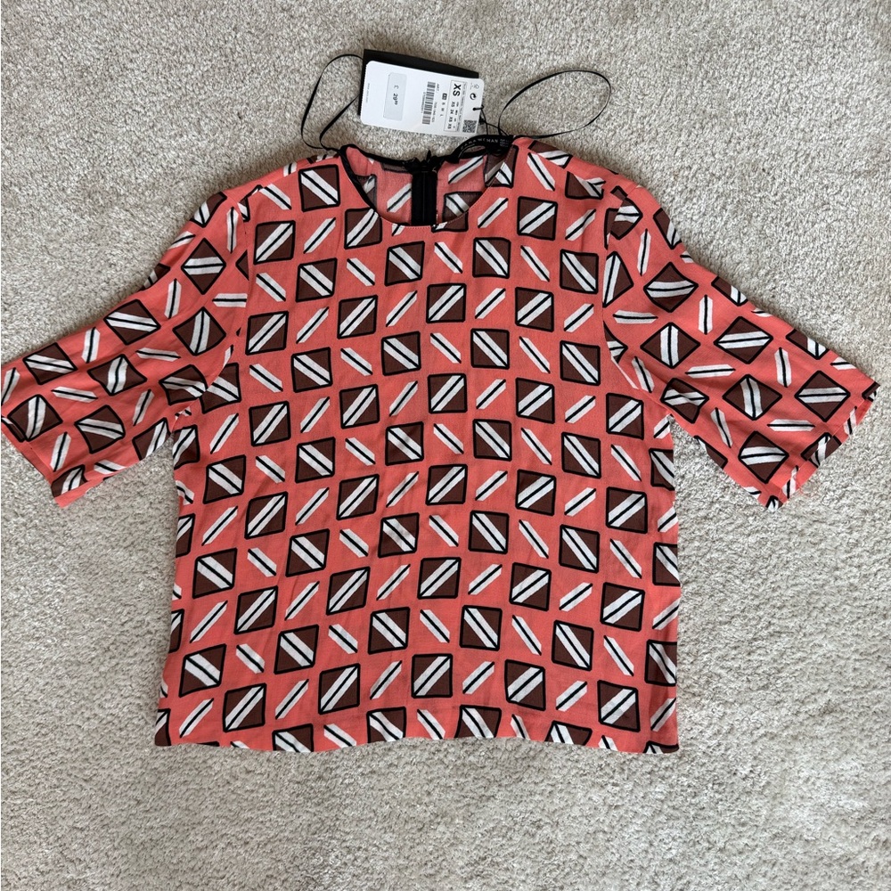 Zara Red and Black Geometric Blouse